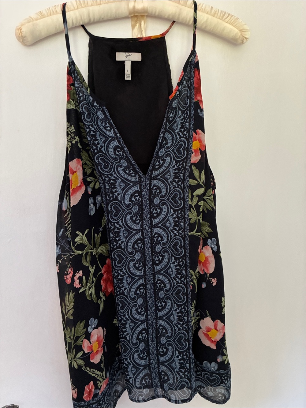 Joie Black Floral & Blue Lace-Panel Camisole